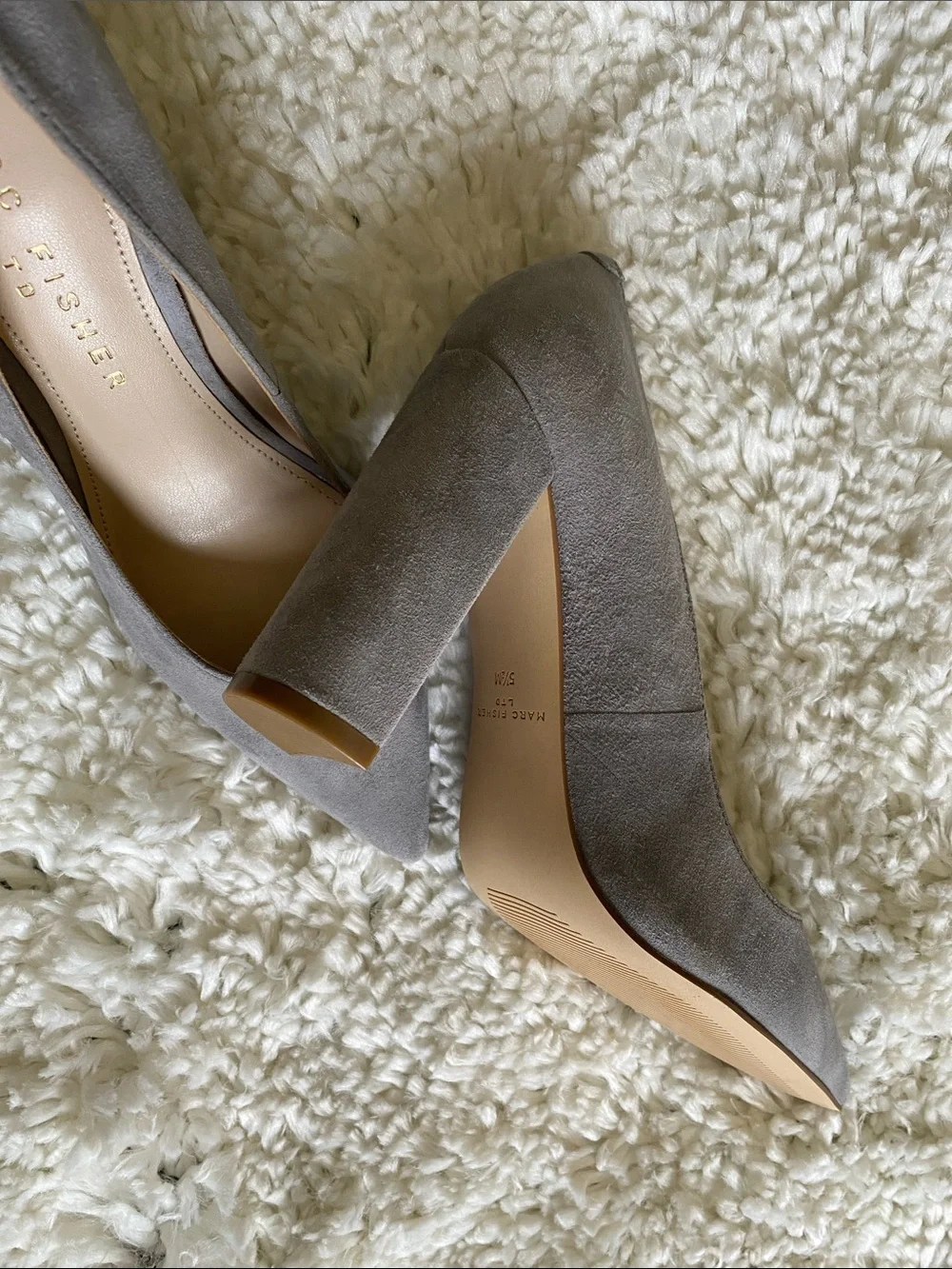 Marc Fisher Light Gray Suede Block Heel Pumps